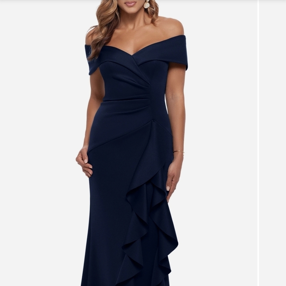 Xscape Evenings Formal Navy Draped Off-Shoulder Ruffle Maxi Gown